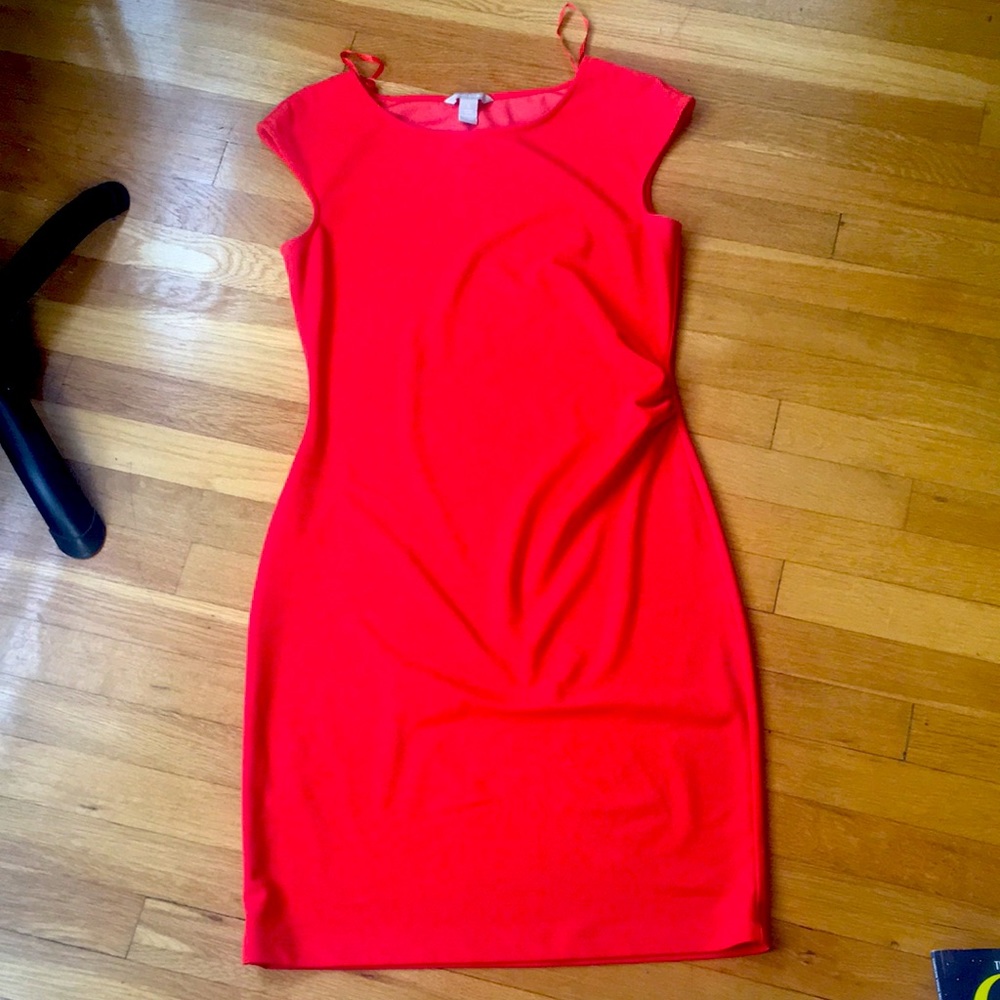 Orange crepe cap sleeve sheath dress